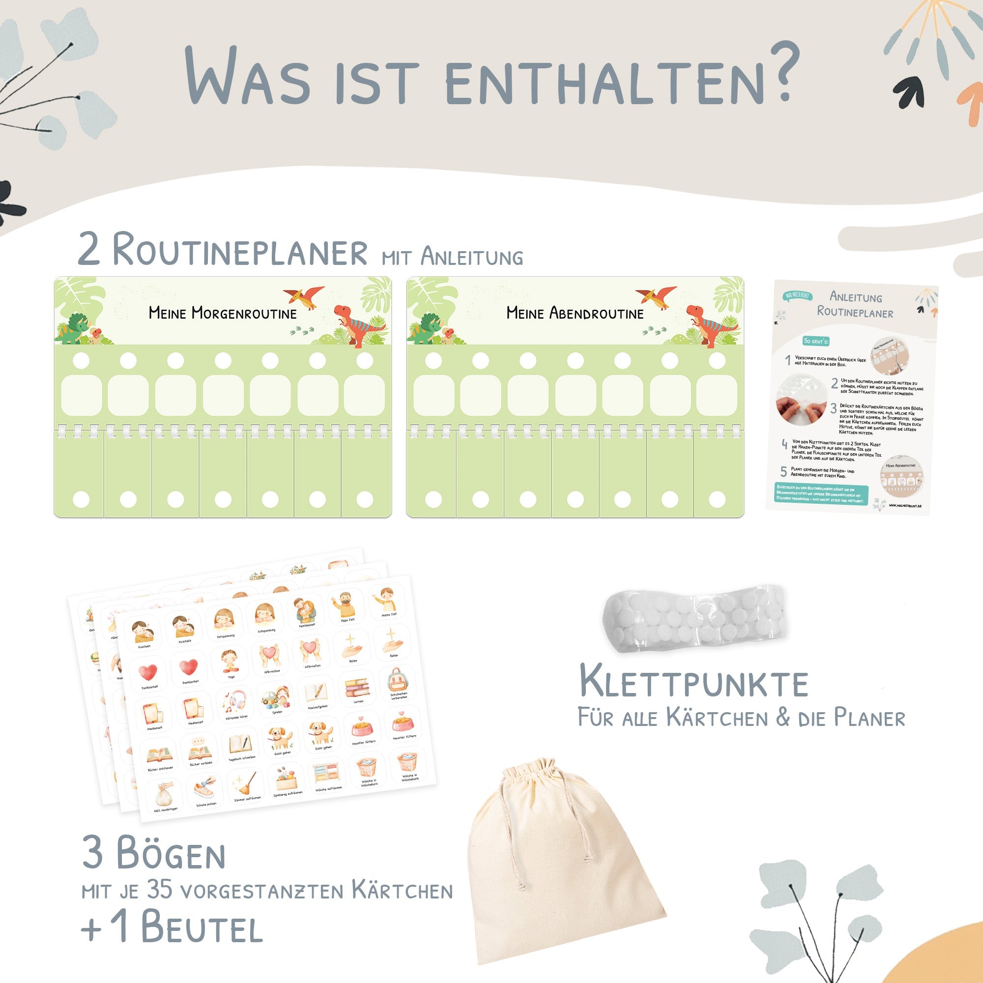 Routineplaner (Morgen & Abend) inkl. 105 Routinekärtchen - Dino Jeka - malmichbunt.de