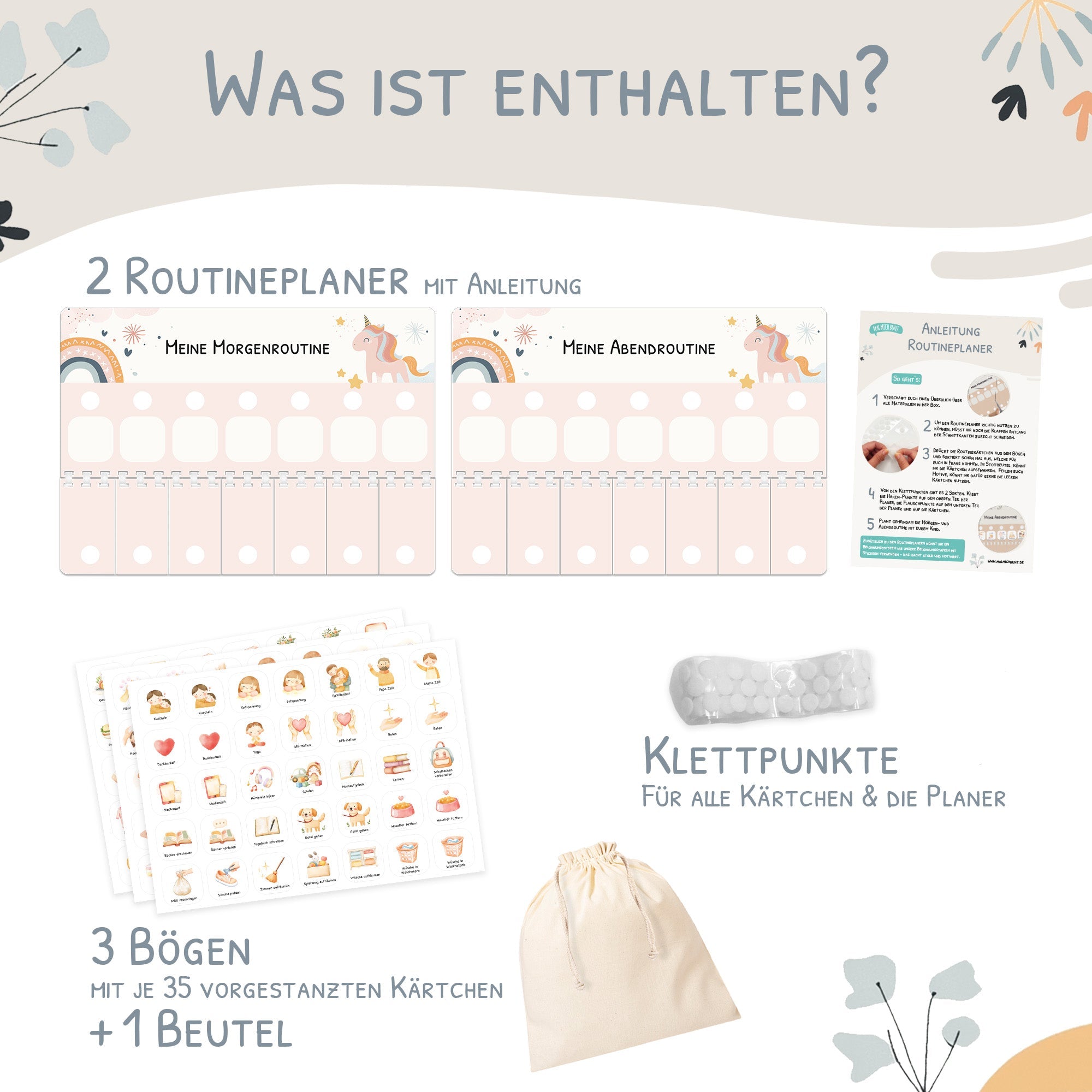 Routineplaner (Morgen & Abend) inkl. 105 Routinekärtchen - Einhorn Jeka - malmichbunt.de