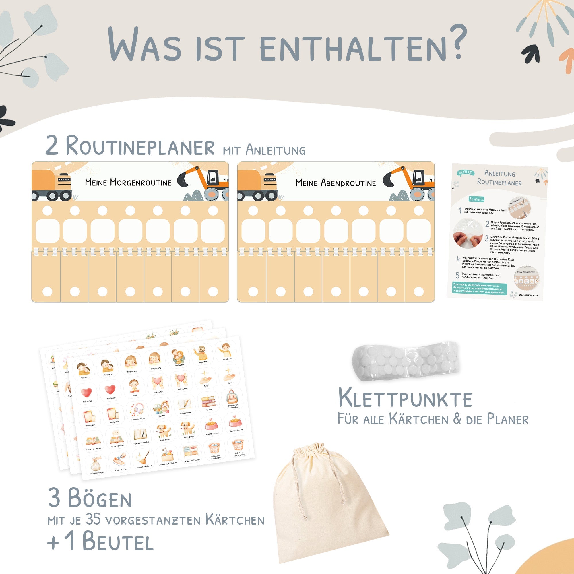 Routineplaner (Morgen & Abendroutine) Kinder inkl. 350 Routinekärtchen - Bagger Jeka - malmichbunt.de
