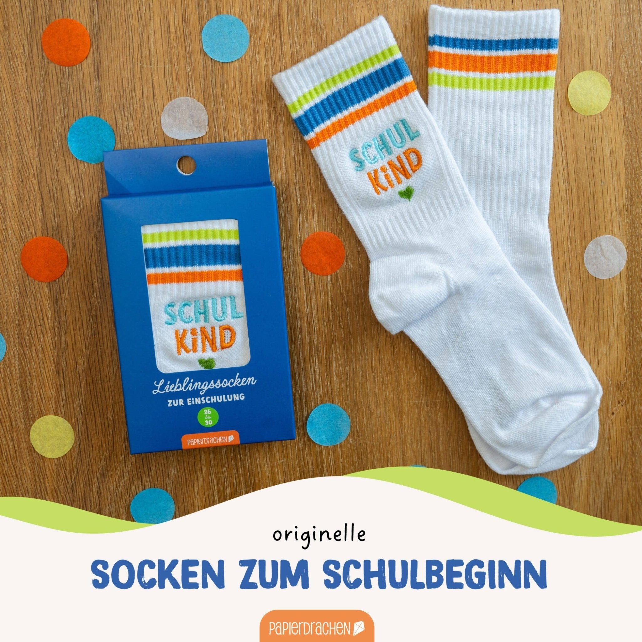 Schulanfang Socken - blau - Endlich bin ich ein Schulkind Papierdrachen - malmichbunt.de
