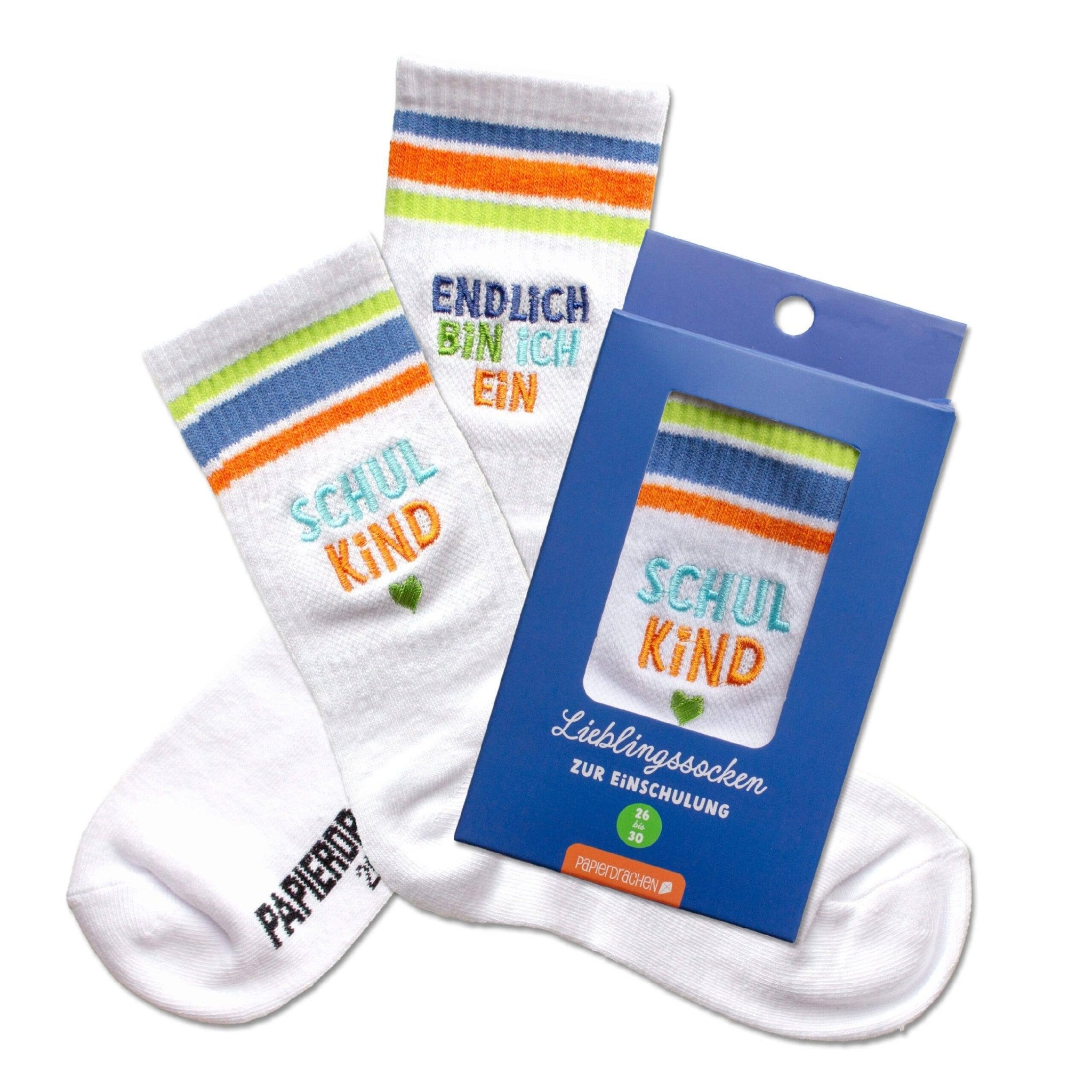 Schulanfang Socken - blau - Endlich bin ich ein Schulkind Papierdrachen - malmichbunt.de