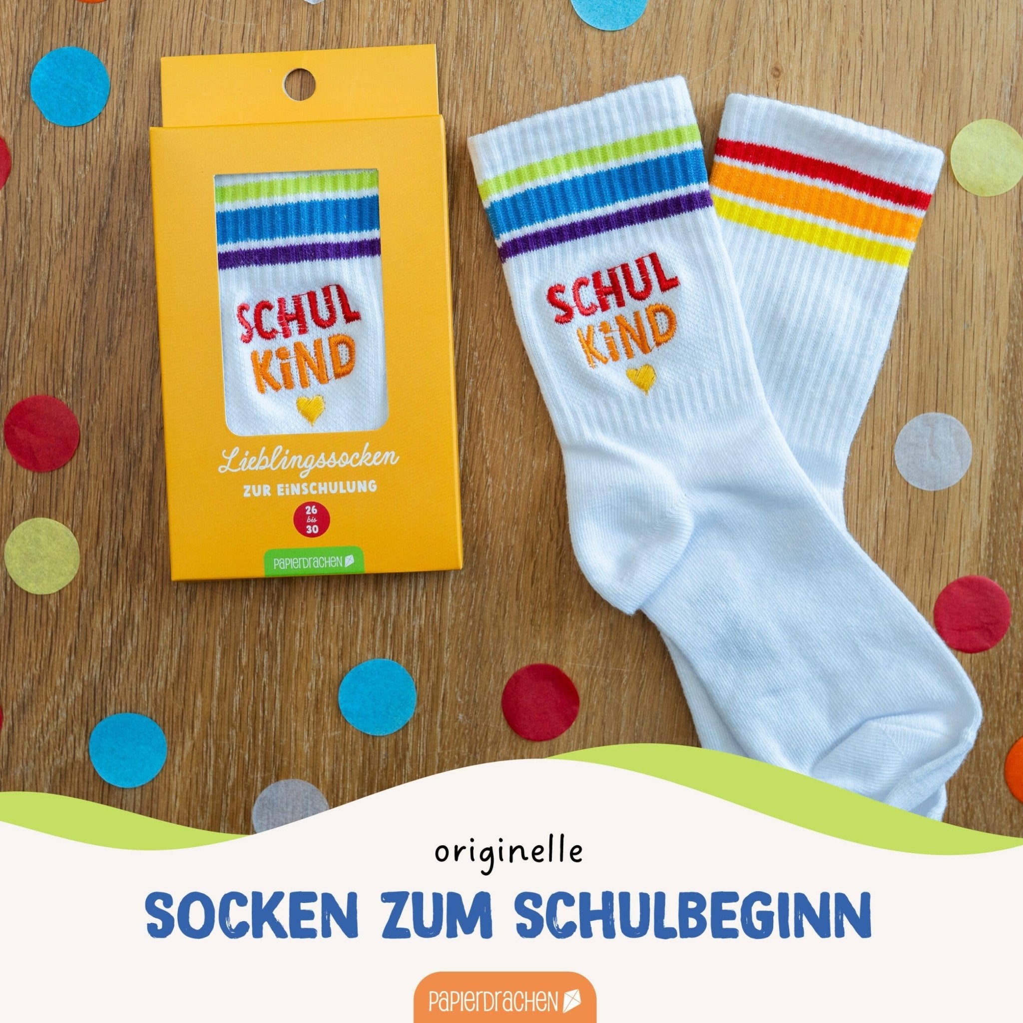 Socken Schulanfang - bunt - Endlich bin ich ein Schulkind Papierdrachen - malmichbunt.de