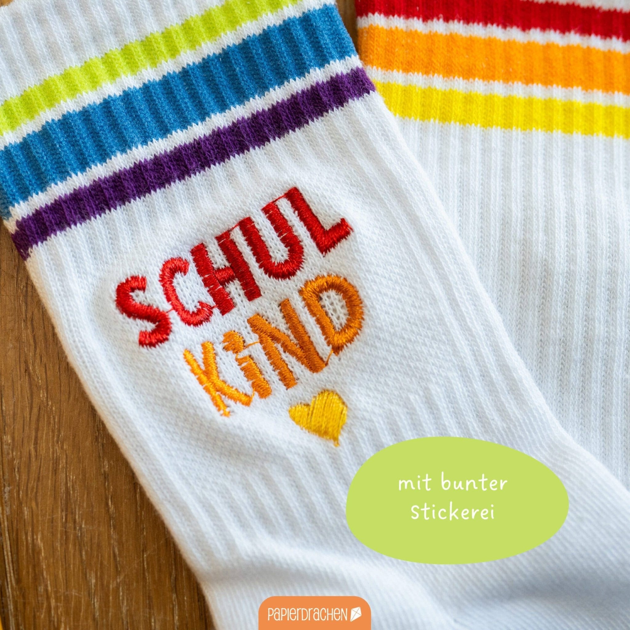 Socken Schulanfang - bunt - Endlich bin ich ein Schulkind Papierdrachen - malmichbunt.de