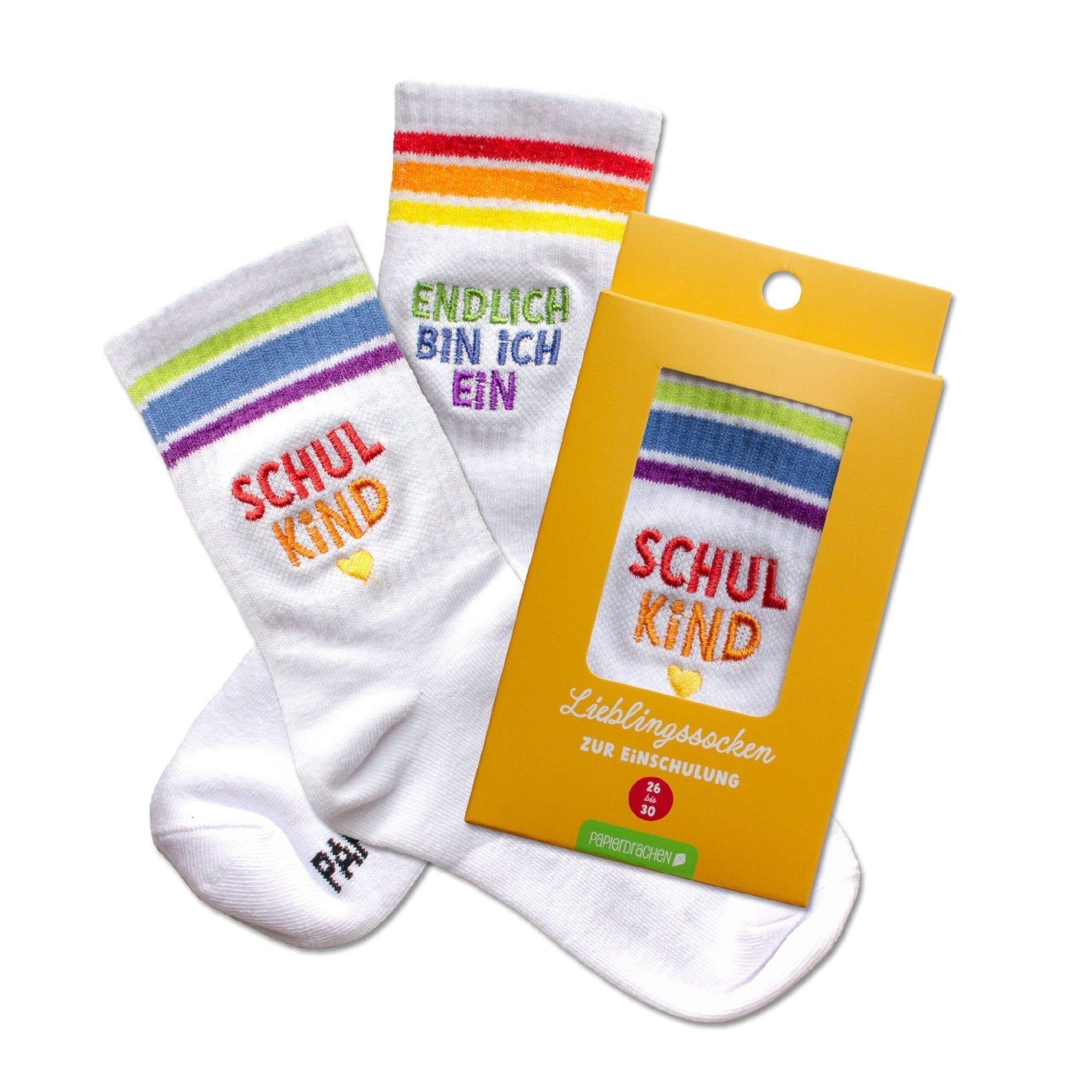 Socken Schulanfang - bunt - Endlich bin ich ein Schulkind Papierdrachen - malmichbunt.de
