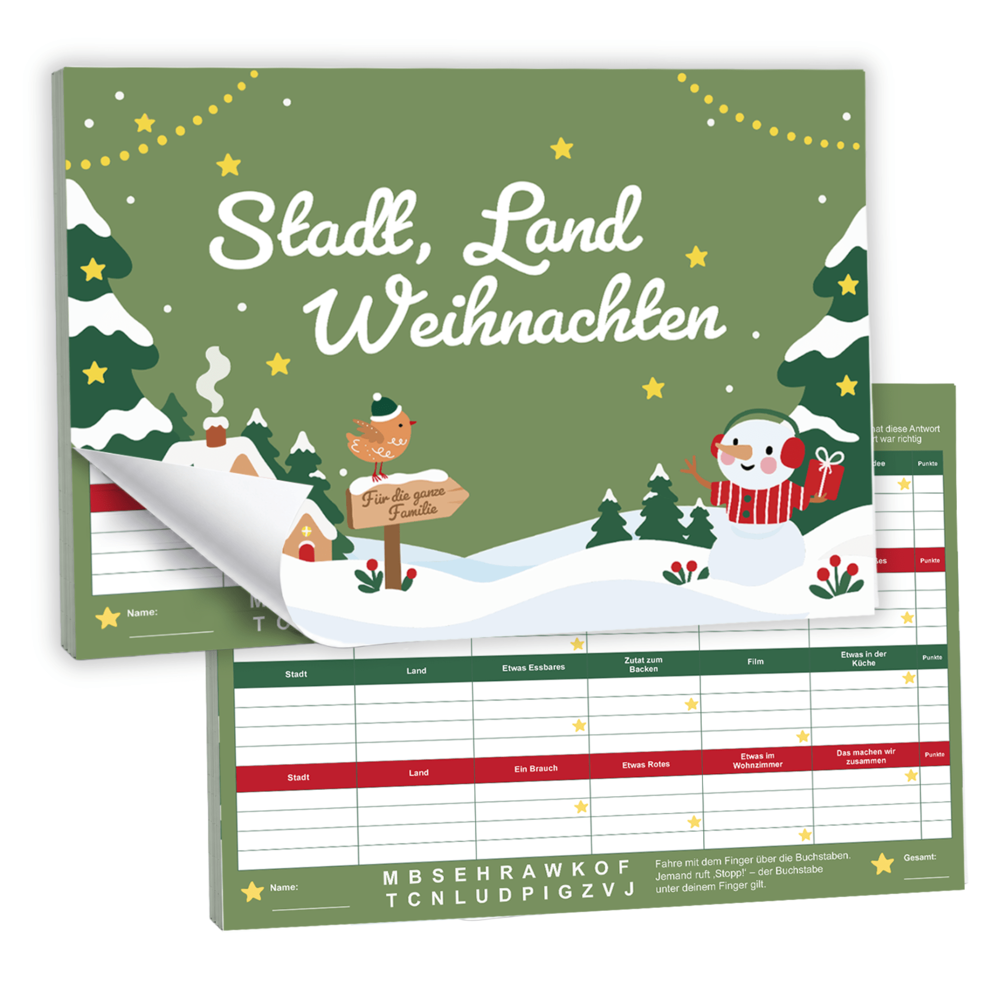 Stadt, Land, Weihnachten – Weihnachtliches Stadt-Land-Fluss Spiel für die ganze Familie | A4 Spielblock Jeka - malmichbunt.de