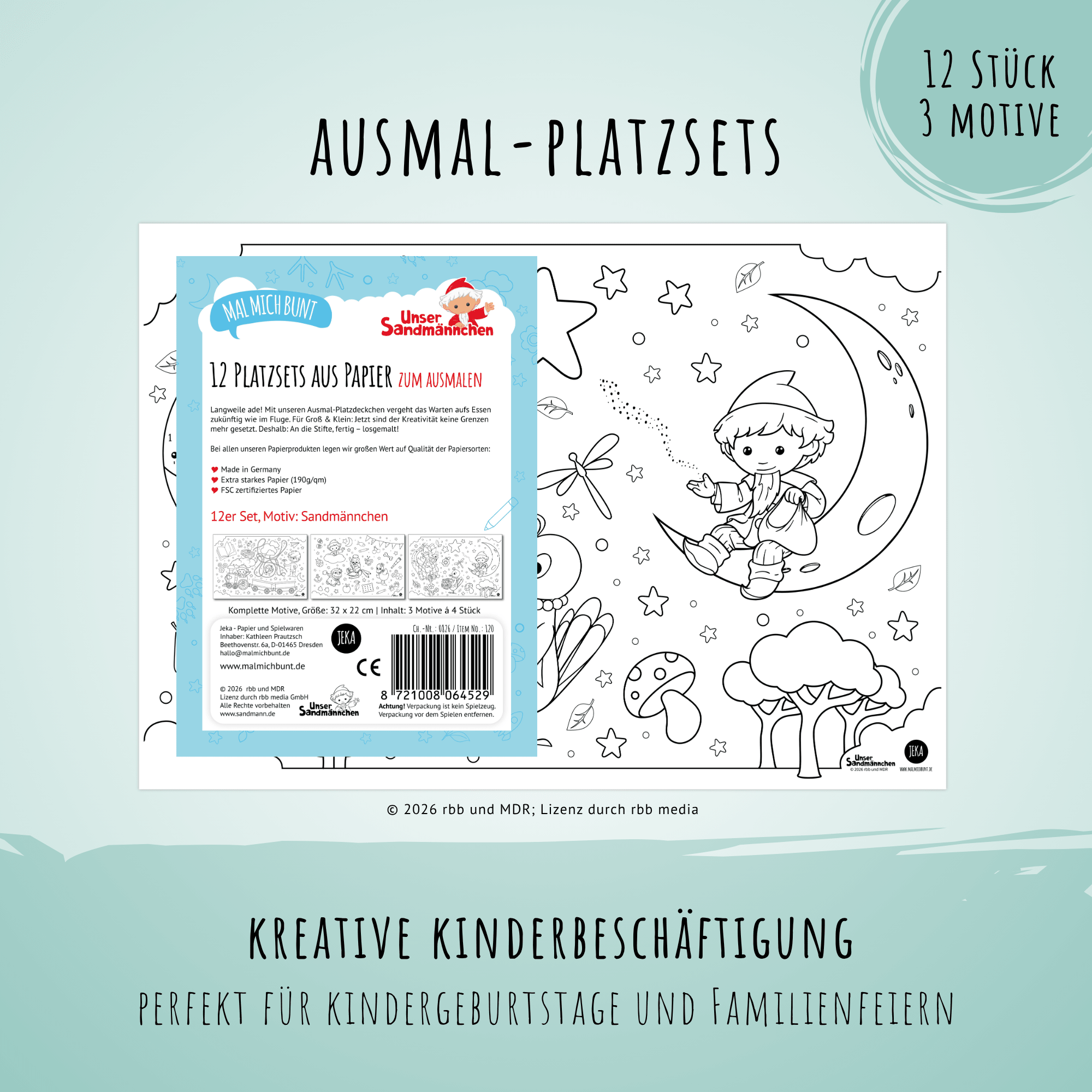 Unser Sandmännchen - 12 Platzsets aus Papier zum Ausmalen Jeka - malmichbunt.de