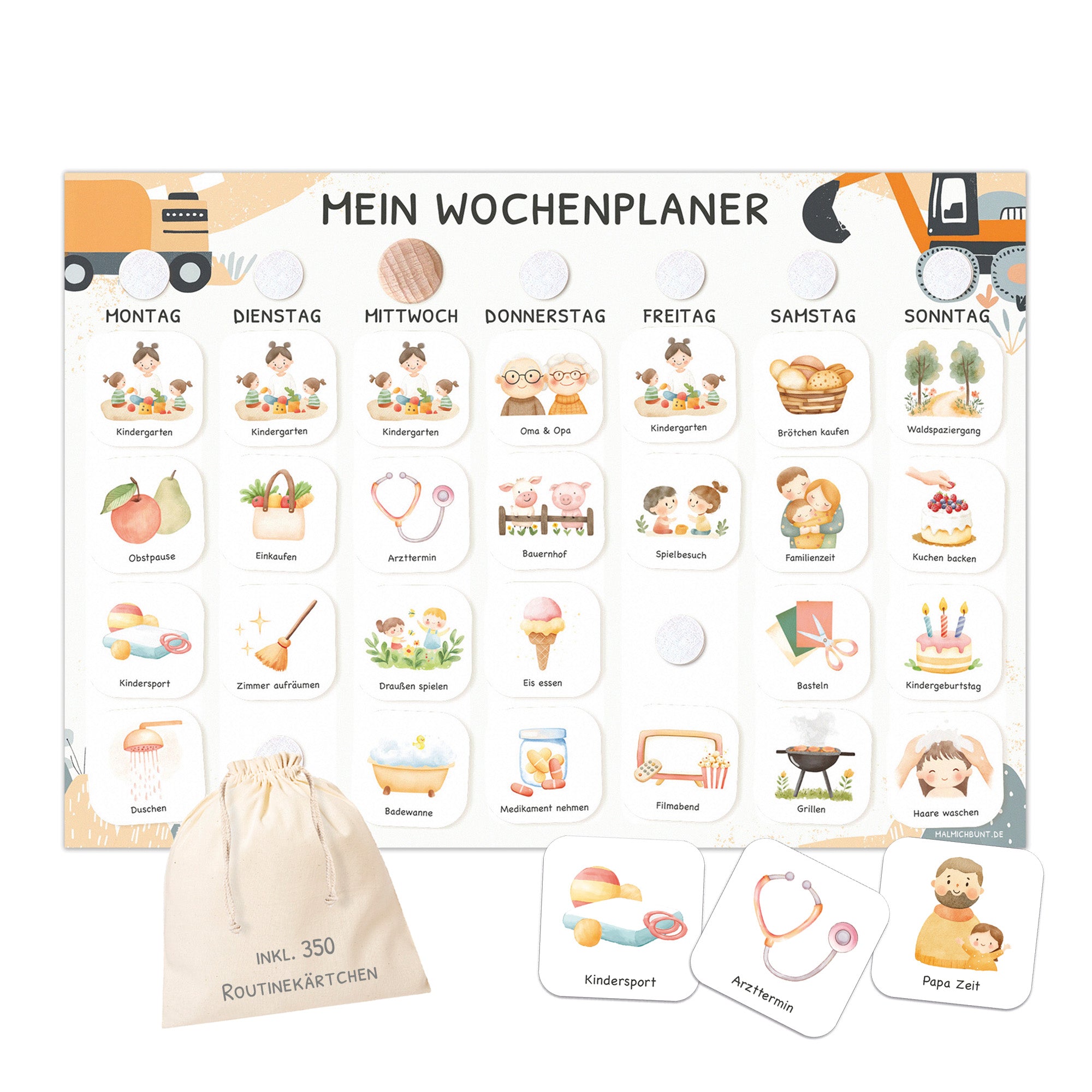 Wochenplaner Kinder inkl. 350 Routinekärtchen - Motiv Bagger Jeka - malmichbunt.de