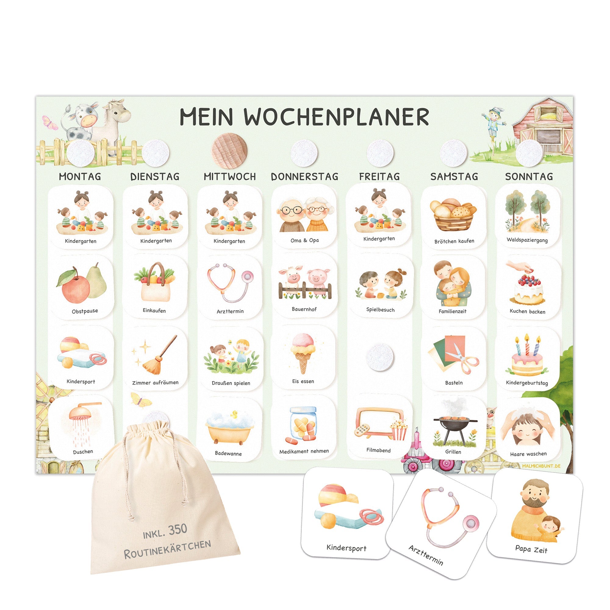 Wochenplaner Kinder inkl. 350 Routinekärtchen - Motiv Bauernhof Jeka - malmichbunt.de