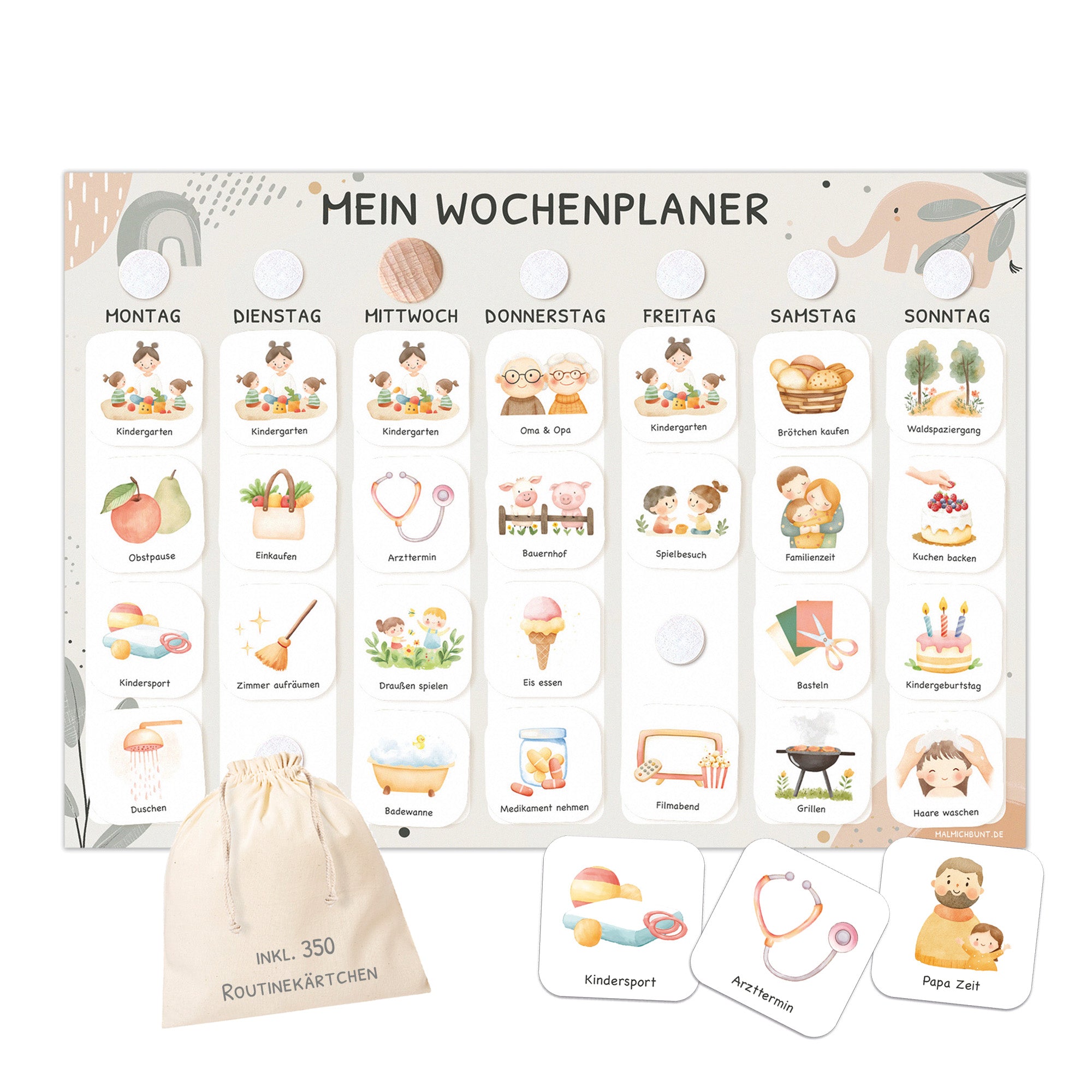 Wochenplaner Kinder inkl. 350 Routinekärtchen - Motiv Little Elephant Jeka - malmichbunt.de