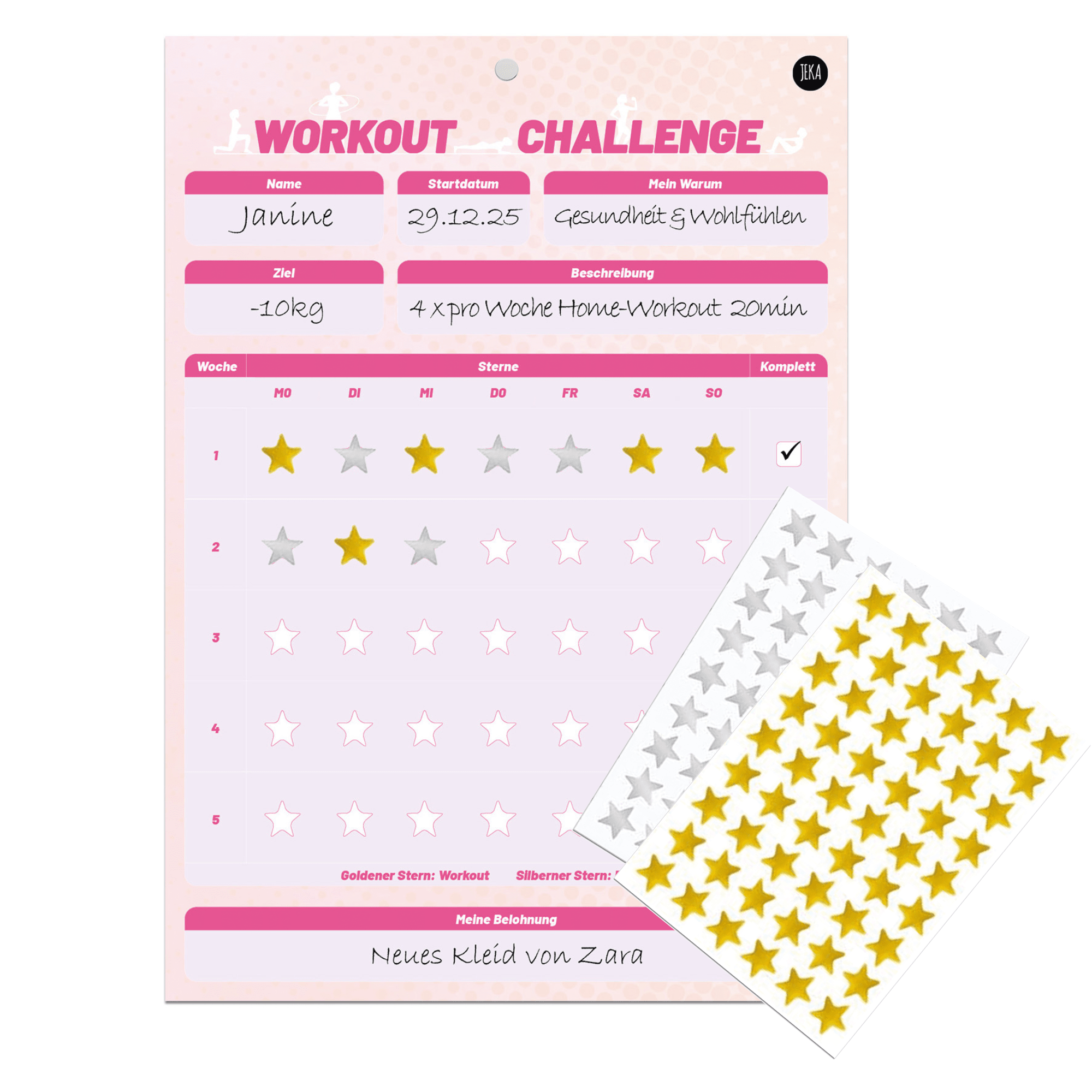 Workout - Challenge inkl. Sterne und Magnet - Pink Jeka - malmichbunt.de